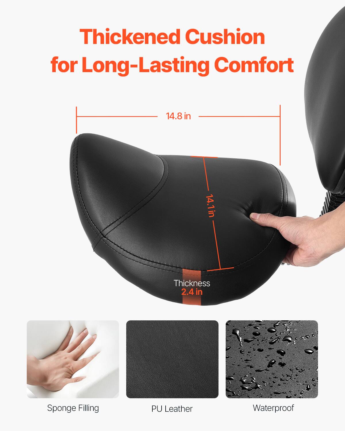 Thickened Cushion for Long-Lasting Comfort, 14.8 in, 14.1in Thickness, 2.4 in, Sponge Filling, PU Leather, Waterproof