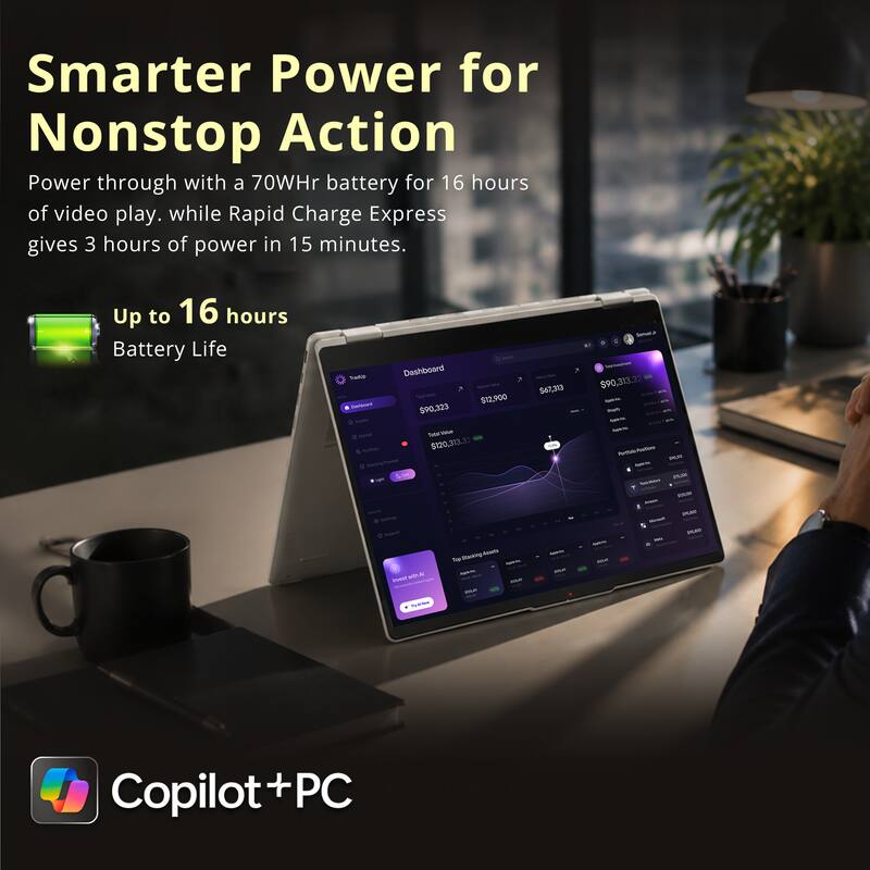 Smarter Power for Nonstop Action  
Power through with a 70WHr battery for 16 hours of video play. while Rapid Charge Express gives 3 hours of power in 15 minutes.  
Up to 16 hours Battery Life  

Tradip Dashboard, Sterbook $12,900 $90,323 TotalValue Aomble $120,313.32  
Setrip Aport Stacking Asseta fap - avec with 100ml REQUO #3yallee  
$67,313 - Albe  
Servis $90,313.32 - Sup& - Appre PortolePhations $4.19 Applehe 6539 SeleVe  
PLAKE - Openk  

Copilot+PC