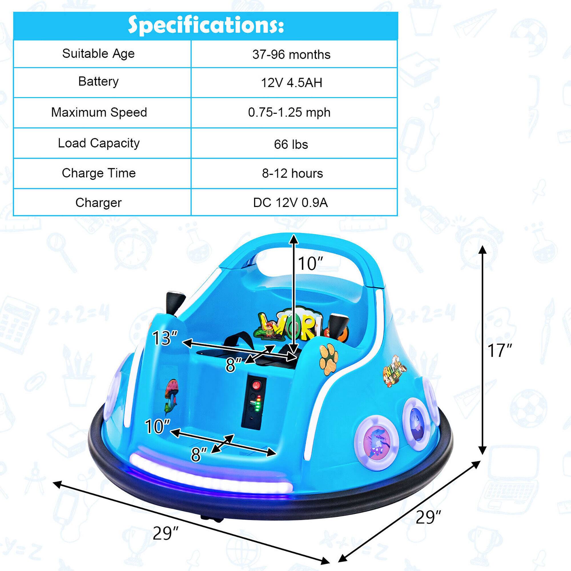 Specifications:  
Suitable Age: 37-96 months  
Battery: 12V 4.5AH  
Maximum Speed: 0.75-1.25 mph  
Load Capacity: 66 lbs  
Charge Time: 8-12 hours  
Charger: DC 12V 0.9A  

Dimensions:  
- 10"  
- 13"  
- 8"  
- 10"  
- 8"  
- 17"  
- 29"  
- 29"