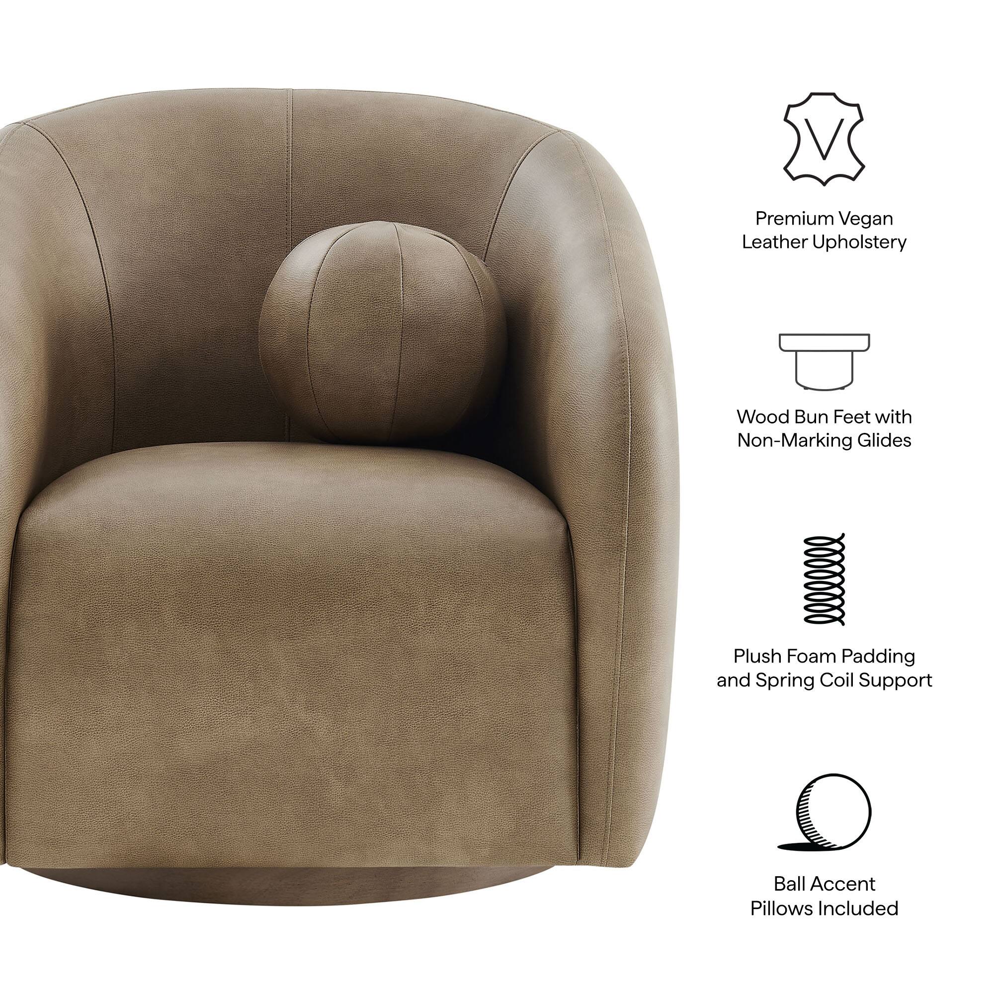 Premium Vegan Leather Upholstery, Wood Bun Feet with Non-Marking Glides, Plush Foam Padding and Spring Coil Support, Ball Accent Pillows Included