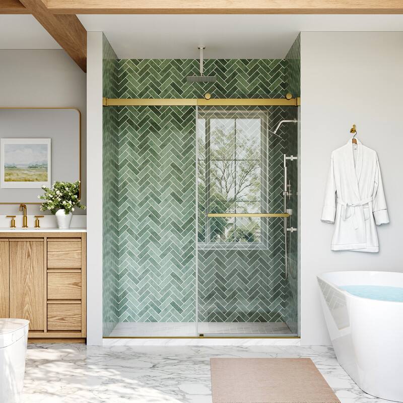 Back. WELLFOR - 56-60 in W x 74 in H Double Sliding Frameless Shower Door with 1/4 in. Clear SGCC Tempered Glass - Brushed Gold.