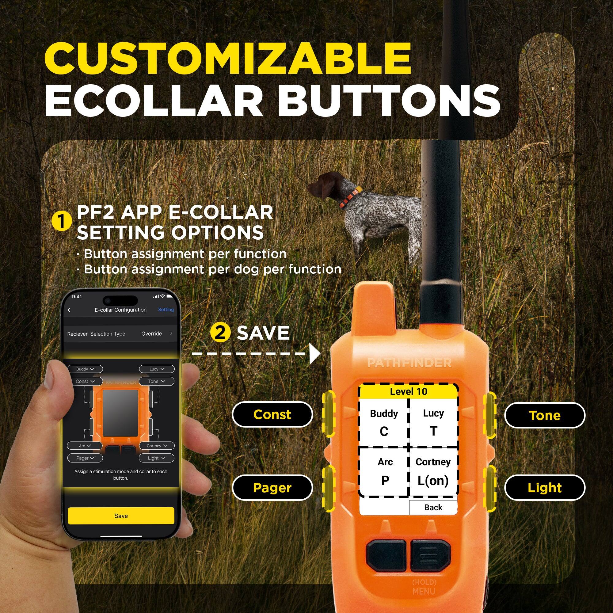 CUSTOMIZABLE ECOLLAR BUTTONS

PF2 APP E-COLLAR SETTING OPTIONS
- Button assignment per function
- Button assignment per dog per function

1. E-collar Configuration
   - Receiver Selection Type: Override
   - Const
   - Tone
   - Pager
   - Light
   - Assign a stimulation mode and color to each button

2. SAVE

PATHFINDER
- Level 10
- Buddy: C
- Lucy: T
- Arc: P
- Cortney: L(on)
- Back

(HOLD) MENU