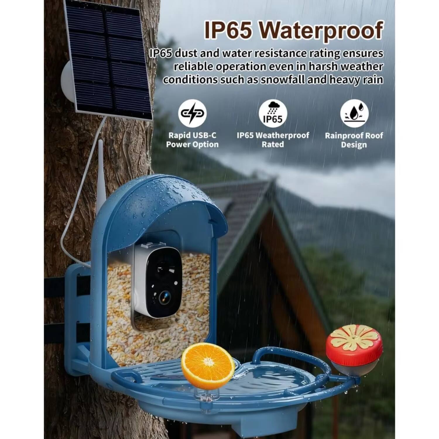 IP65 Waterproof  
IP65 dust and water resistance rating ensures reliable operation even in harsh weather conditions such as snowfall and heavy rain.  

IP65 Weatherproof Rated  
Rainproof Roof Design  

Rapid USB-C Power Option