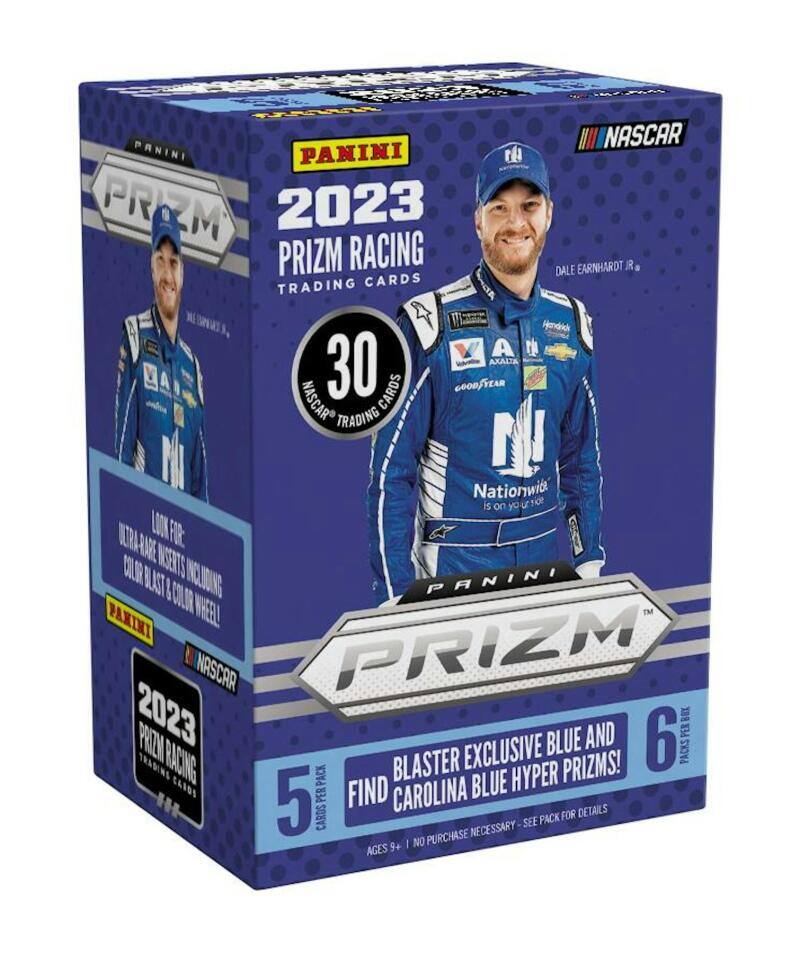 PANINI PRIZM 2023 NASCAR TRADING CARDS  
30 NASCAR TRADING CARDS  
Dale Earnhardt Jr.  
NASCAR  
PANINI  
PRIZM  
2023  
5 CARDS PER PACK  
6 PACKS  
BLASTER EXCLUSIVE BLUE AND CAROLINA BLUE HYPER PRIZMS!  
NO PURCHASE NECESSARY. SEE PACK FOR DETAILS.  
AGES 9+