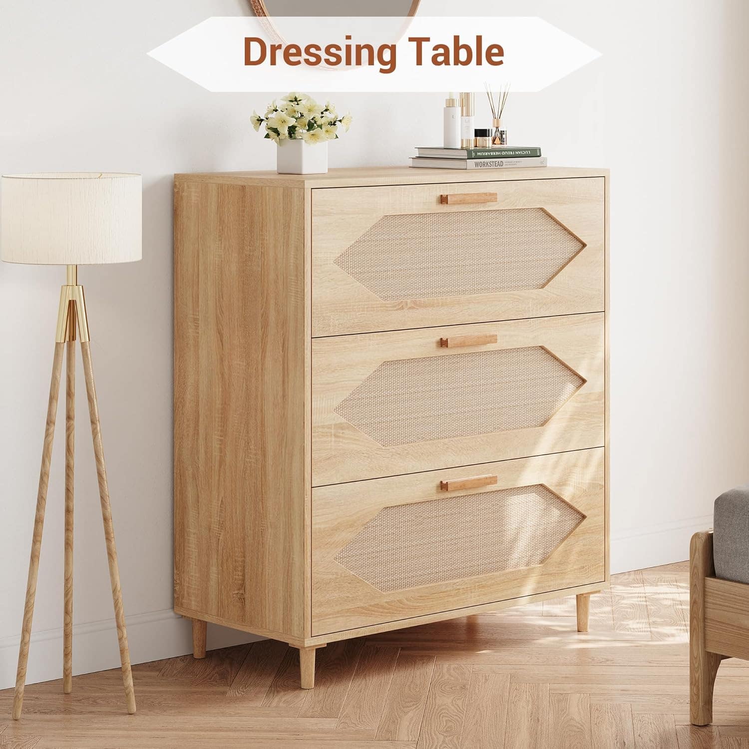 Qeetex - 3 Drawer Rattan Dresser for Bedroom, Rattan Modern Dresser Wood Chest of Drawers, Wooden Storage Cabinets for Bedrooms - ‎Natural