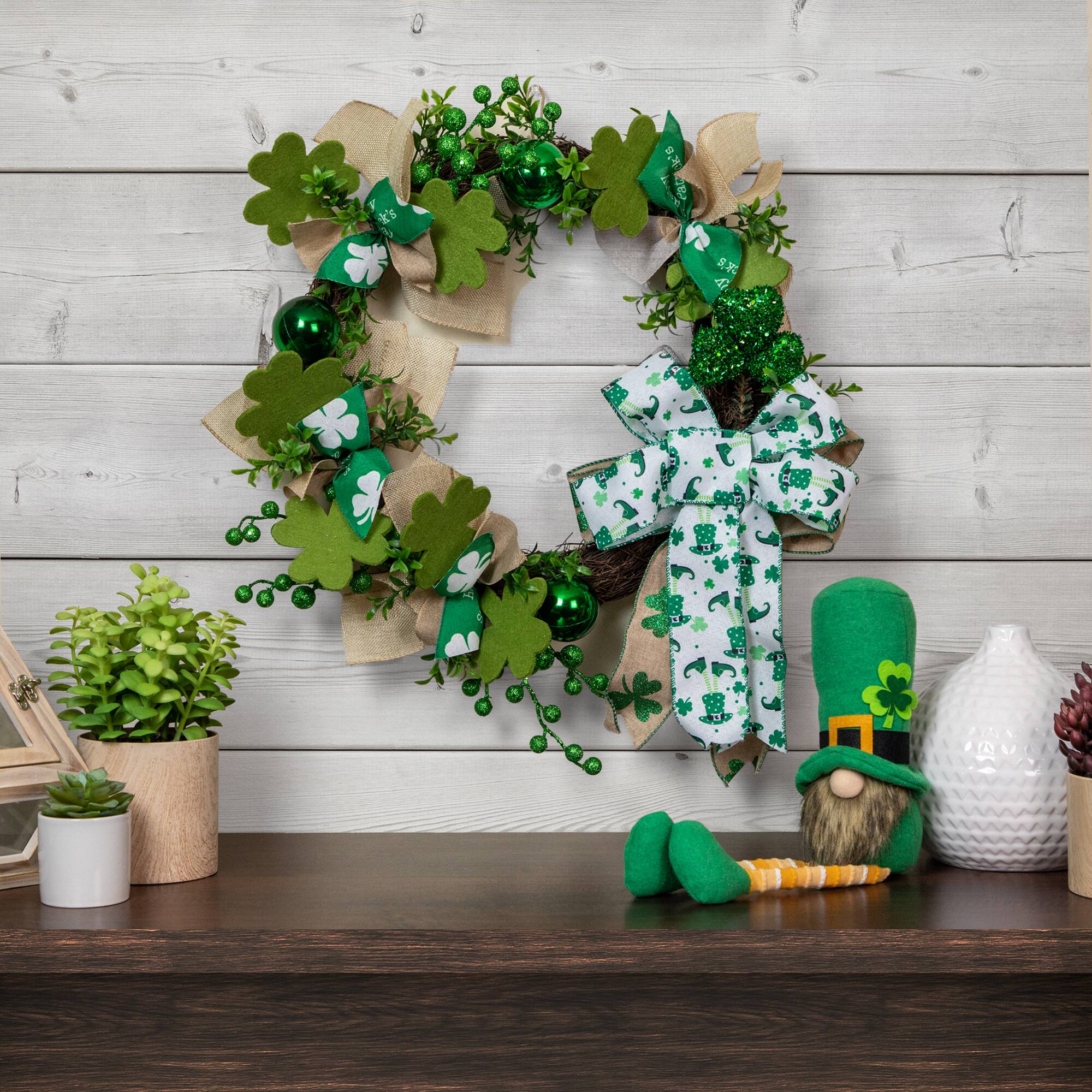 Alt View 1. Northlight - Burlap Bows and Shamrocks St. Patrick's Day Wreath, 24-Inch, Unlit - Green.