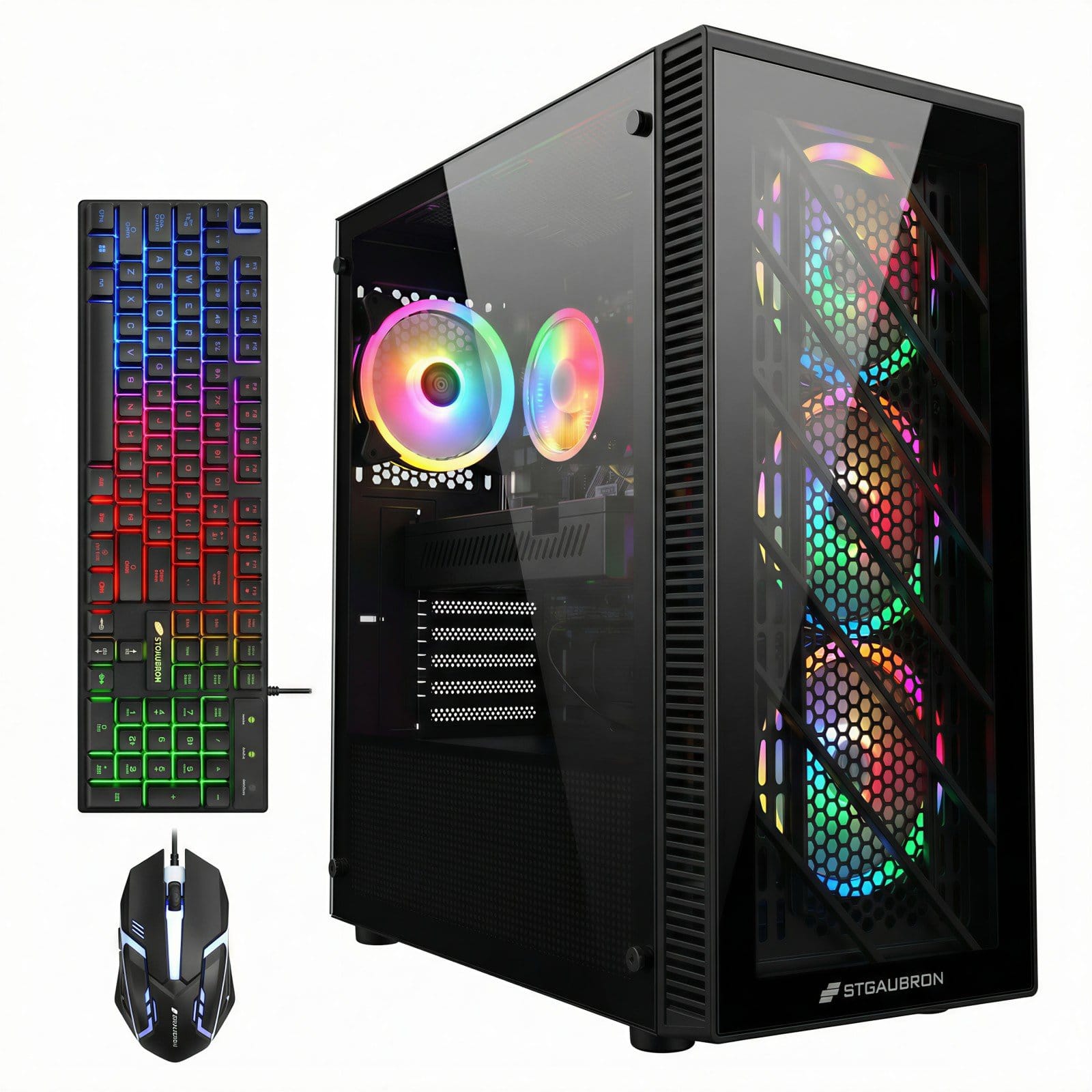 Front. STGAubron - STGAubron Gaming Desktop PC, Intel Celeron G5905 3.5GHz, Radeon RX 580 8G, 16GB DDR4 RAM, 512GB SSD, USB WiFi 6, Win11H - Black.