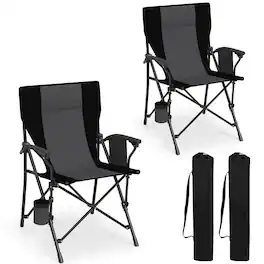 Costway - 2 PCS Folding Camping Chair for Adults Portable Lawn Chair with Cup Holder & Side Pocket - Black