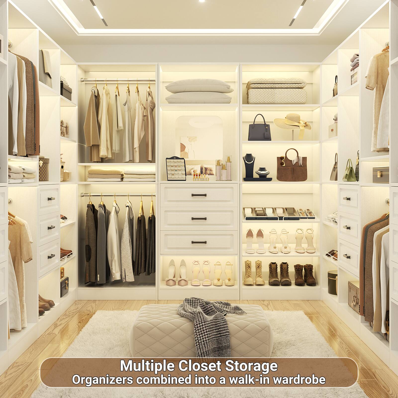 Multiple Closet Storage Organizers combined into a walk-in wardrobe