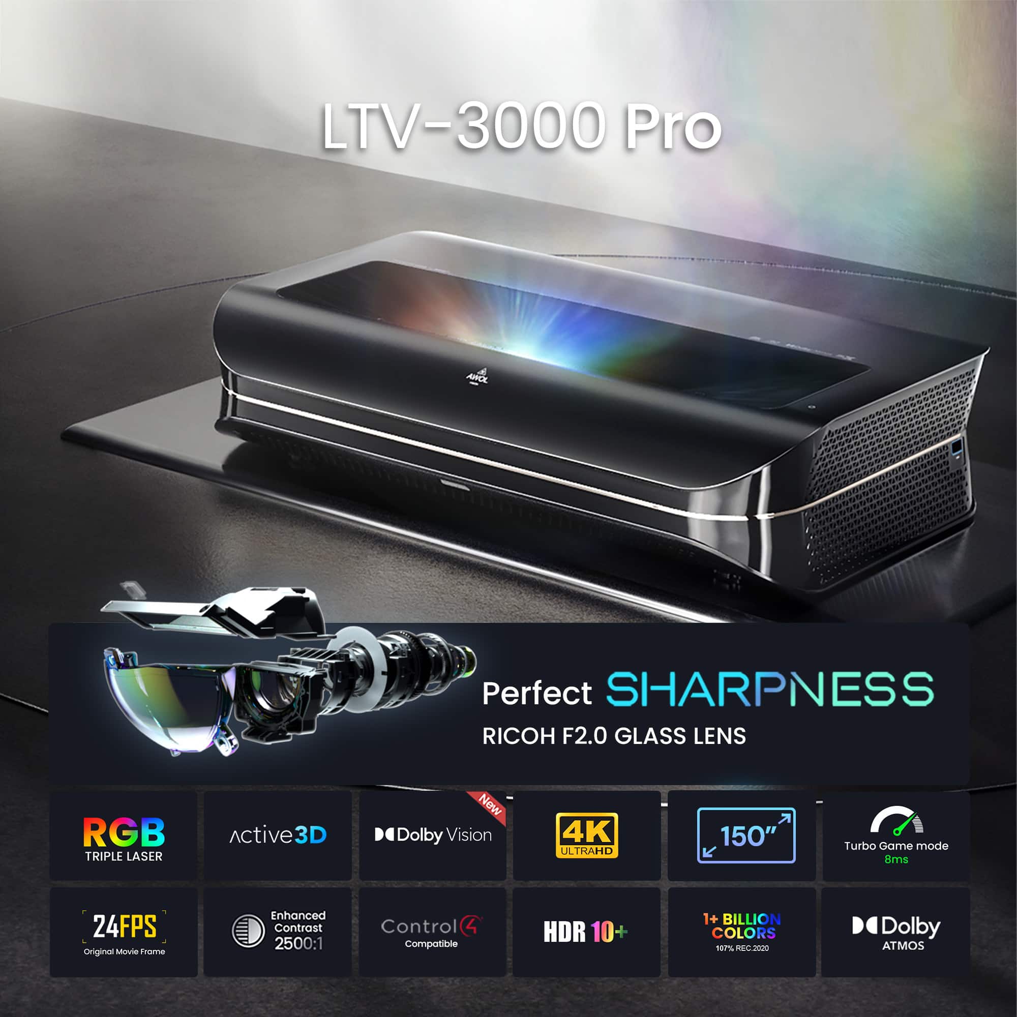 LTV-3000 Pro Perfect SHARPNESS RICOH F2.0 GLASS LENS RGB TRIPLE LASER Active3D 3D New Dolby Vision 4K ULTRAHD UL 150" Turbo Game mode Sms 24FPS Original MrVie froma Enhanced Controst 2500:1 Control Compatible HDR 10+ 1+ BILLION COLORS 10% & NCR Dolby ATMOS