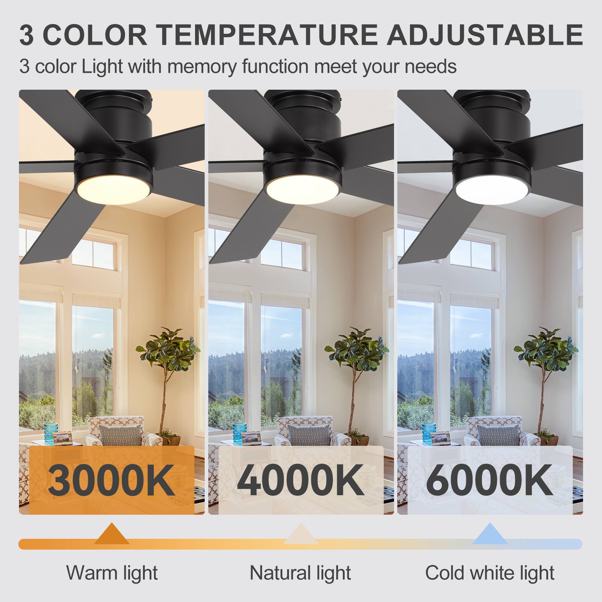 3 COLOR TEMPERATURE ADJUSTABLE  
3 color Light with memory function meet your needs  

3000K  
Warm light  

4000K  
Natural light  

6000K  
Cold white light