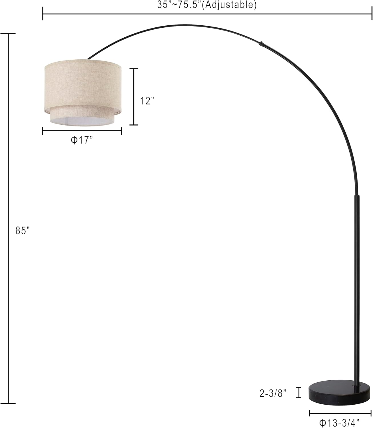 35"~75.5" (Adjustable)  
12"  
Φ17"  
85"  
2-3/8"  
Φ13-3/4"