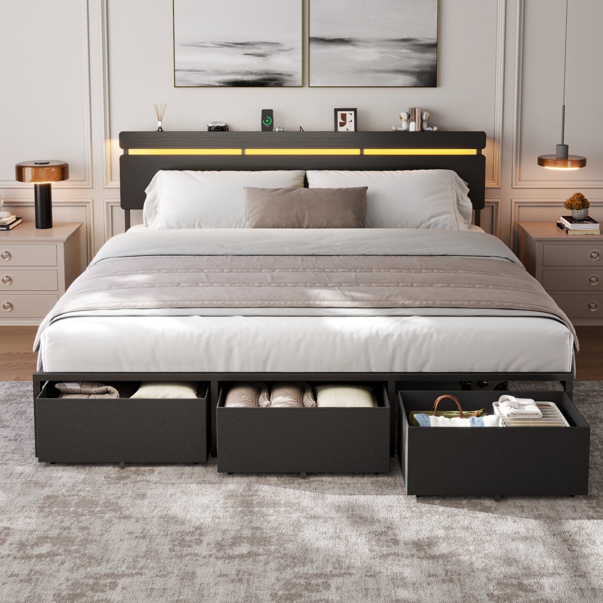Furnulem - Bed Frame with Wood Headboard Metal Platform with 3 Storage Drawers and Shelf Built in Charging Station and LED Lights - Black price history on PriceWatchPro
