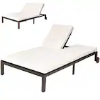 Front. Costway - Costway 2-Person Patio Rattan Chair Recliner Adjustable Cushioned W/Wheel - White.