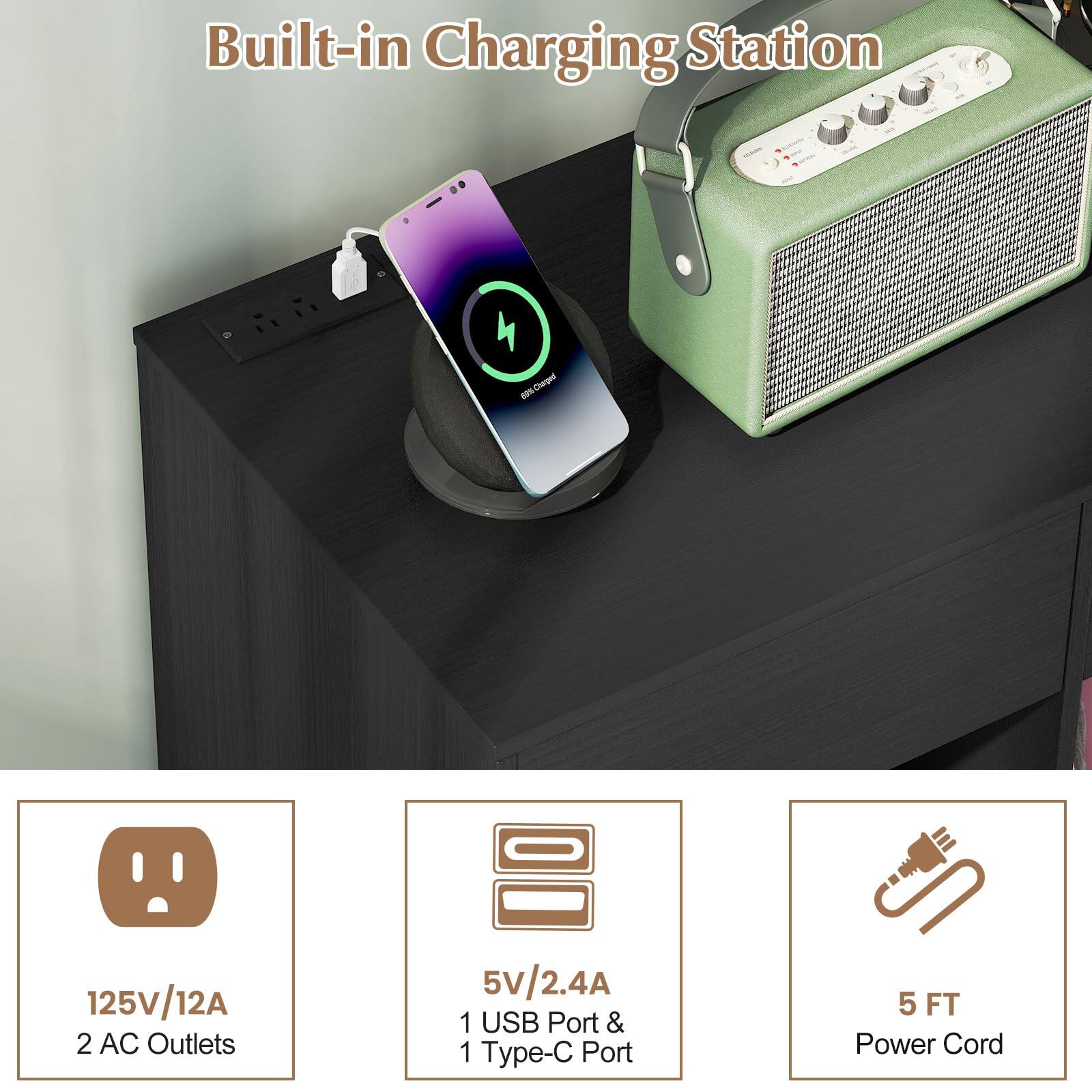 Built-in Charging Station

- 125V/12A 2 AC Outlets
- 5V/2.4A 1 USB Port & 1 Type-C Port
- 5 FT Power Cord