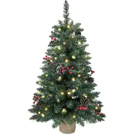 RTMB - 3ft Pre-Lit Mini Christmas Tree with 121 PVC Branch Tips, Pine Cones, Red Berries, 70 LED Lights, Battery Operated - Warm White