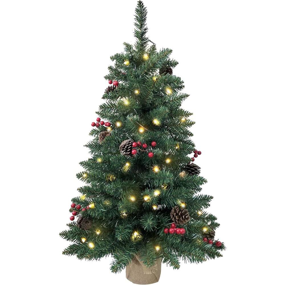 Front. RTMB - 3ft Pre-Lit Mini Christmas Tree with 121 PVC Branch Tips, Pine Cones, Red Berries, 70 LED Lights, Battery Operated - Warm White.
