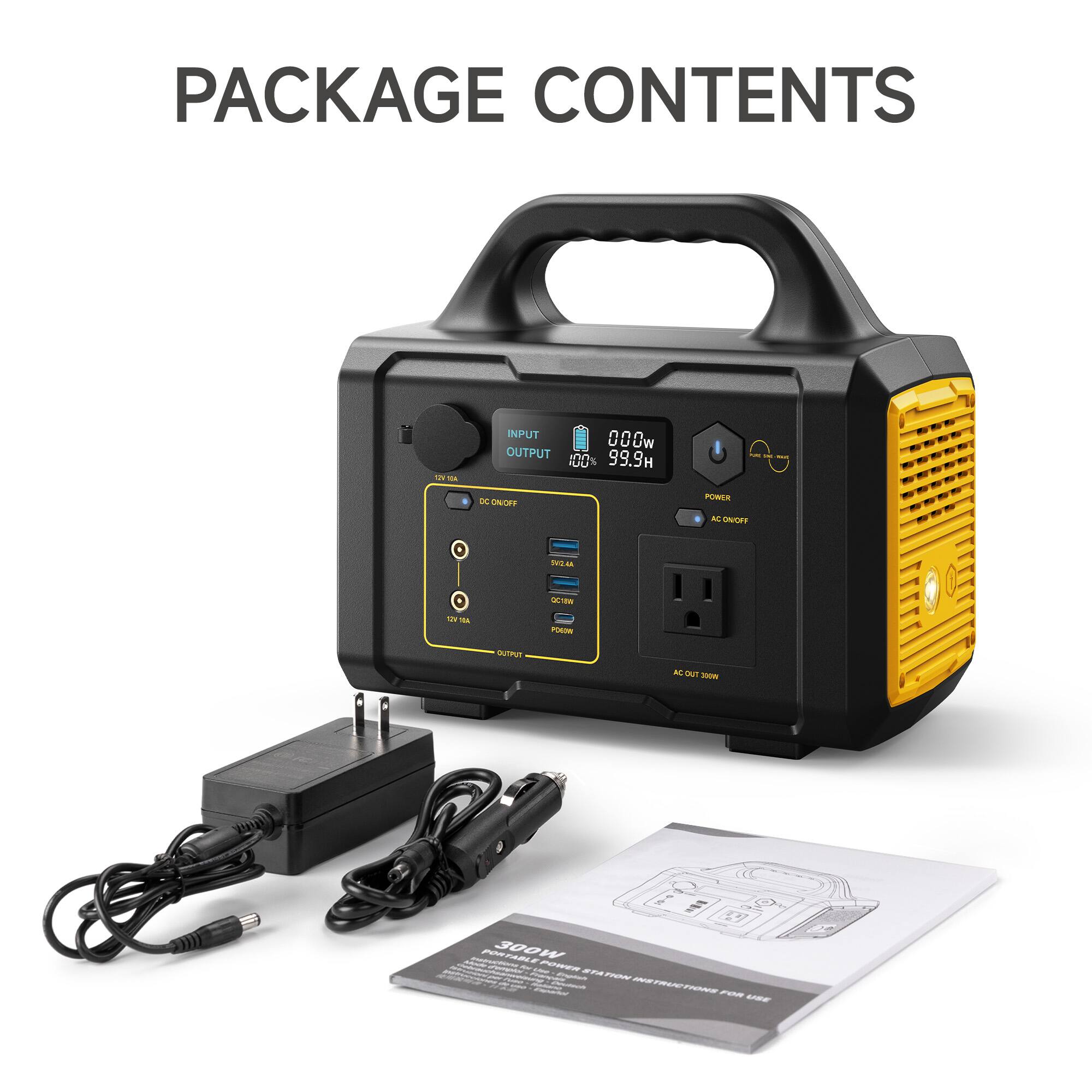 PACKAGE CONTENTS

- INPUT: 000W
- OUTPUT: 99.9H
- 100% H
- ON/OFF POWER
- AC ON/OFF
- TOA
- C
- W
- a
- FOLO
- uTFUm
- AT
- OUT
- 0W
- PoRARL
- 300W
- C
- n
- Pe
- T
- AEE