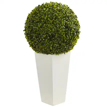 Front. BreeBe - 28" Boxwood Topiary Ball in White Planter (Indoor/Outdoor) - Green.