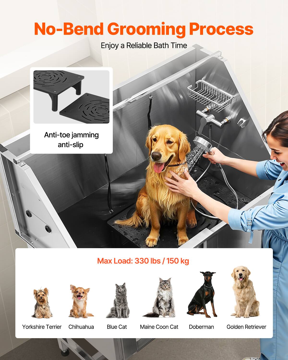No-Bend Grooming Process  
Enjoy a Reliable Bath Time  

Anti-toe jamming anti-slip  

Max Load: 330 lbs / 150 kg  

Yorkshire Terrier  
Chihuahua  
Blue Cat  
Maine Coon Cat  
Doberman  
Golden Retriever