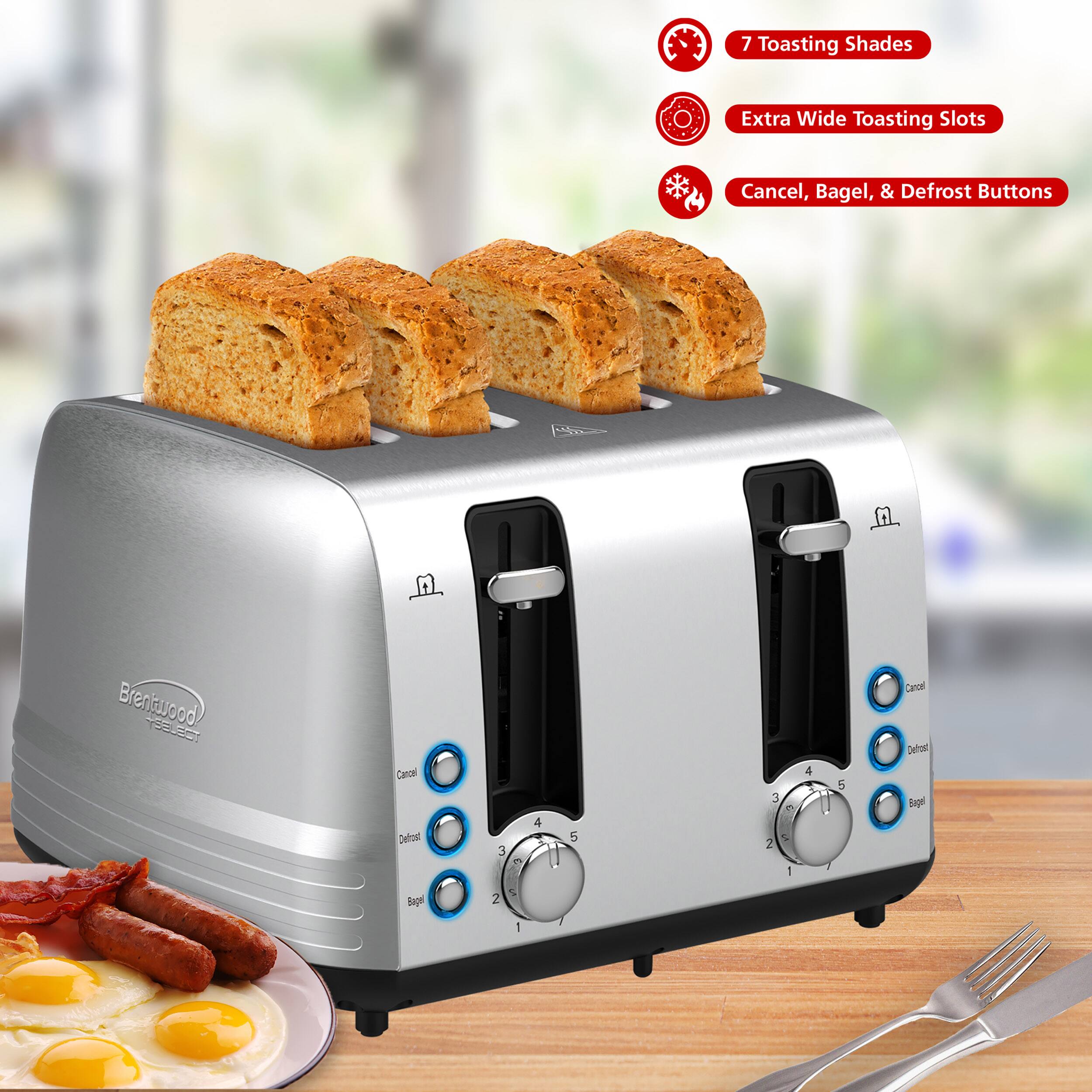 The text on the image reads: "7 Toasting Shades Extra Wide Toasting Slots Cancel, Bagel, & Defrost Buttons Breniwood Bren e Cantel Detue 3 1 4 5 Caroel Detraid Dogal Bage 2% -".