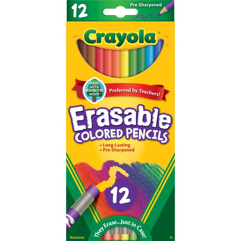 Pre-Sharpened 12 Crayola Erasable Colored Pencils  
Made with Re-forested Wood  
Preferred by Teachers!  
Long-Lasting  
Pre-Sharpened  
Erasable  
Just in Case!  
Nontoxic