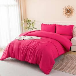 Earthley Blooms - 5 Pieces Comforter Set Full Aesthetic Solid Pom Soft Microfiber Dusty Bed In A Bag For All Season Full - Hot Pink-Queen(5 Pcs)