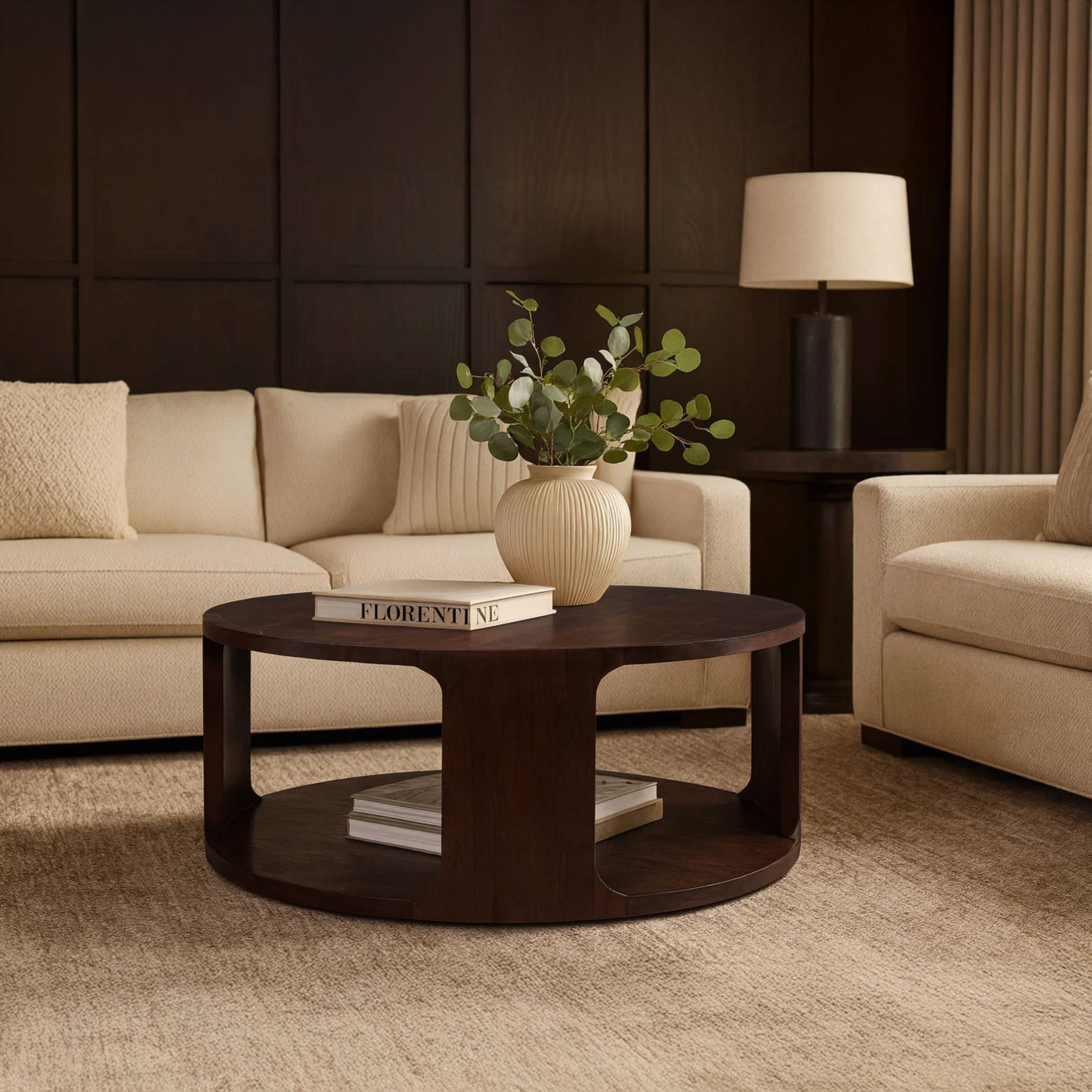 Alt View 8. Manhattan Lane - Bard Coffee Table, 38 Inch Round Top with Shelf, Walnut Brown Mango Wood Sculptural Frame - Brown.