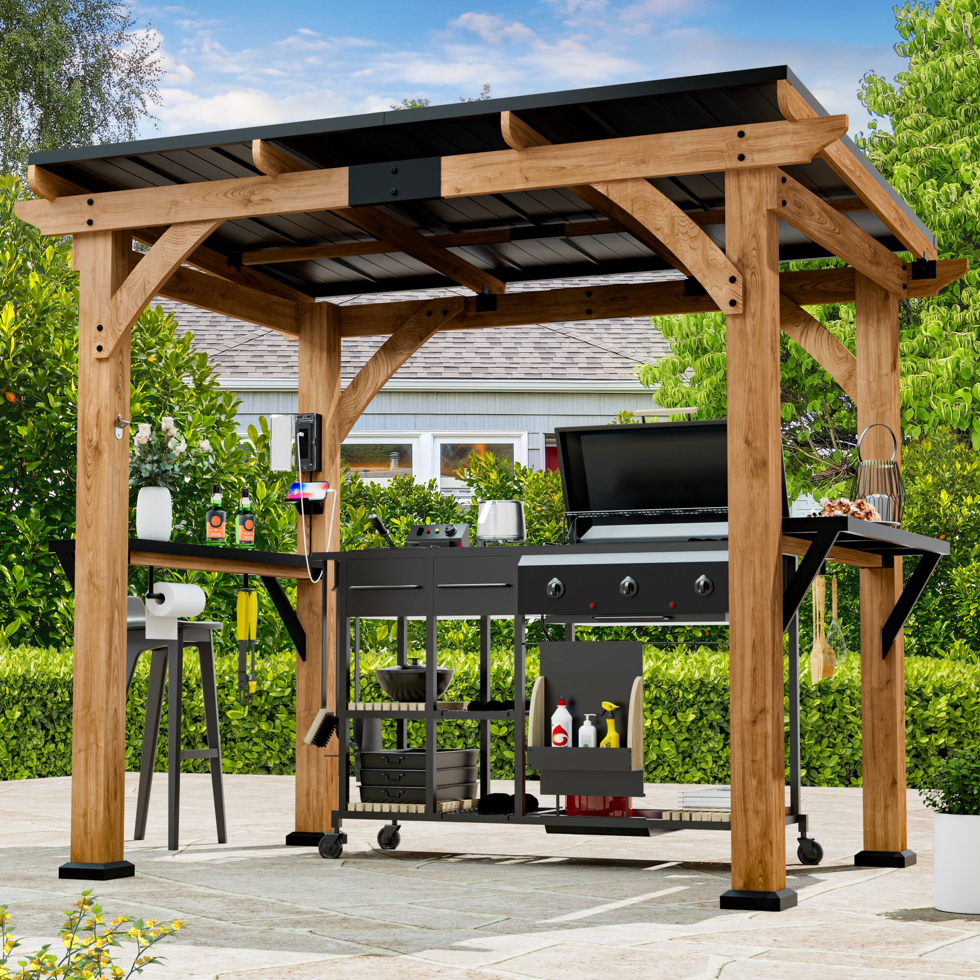 Front. Modern Shade Outdoor Living Spaces - Modern Shade Grill Gazebo 6' X 8', Cedar Wood Gazebo with Shelves and Paper Towel Holder - Brown.