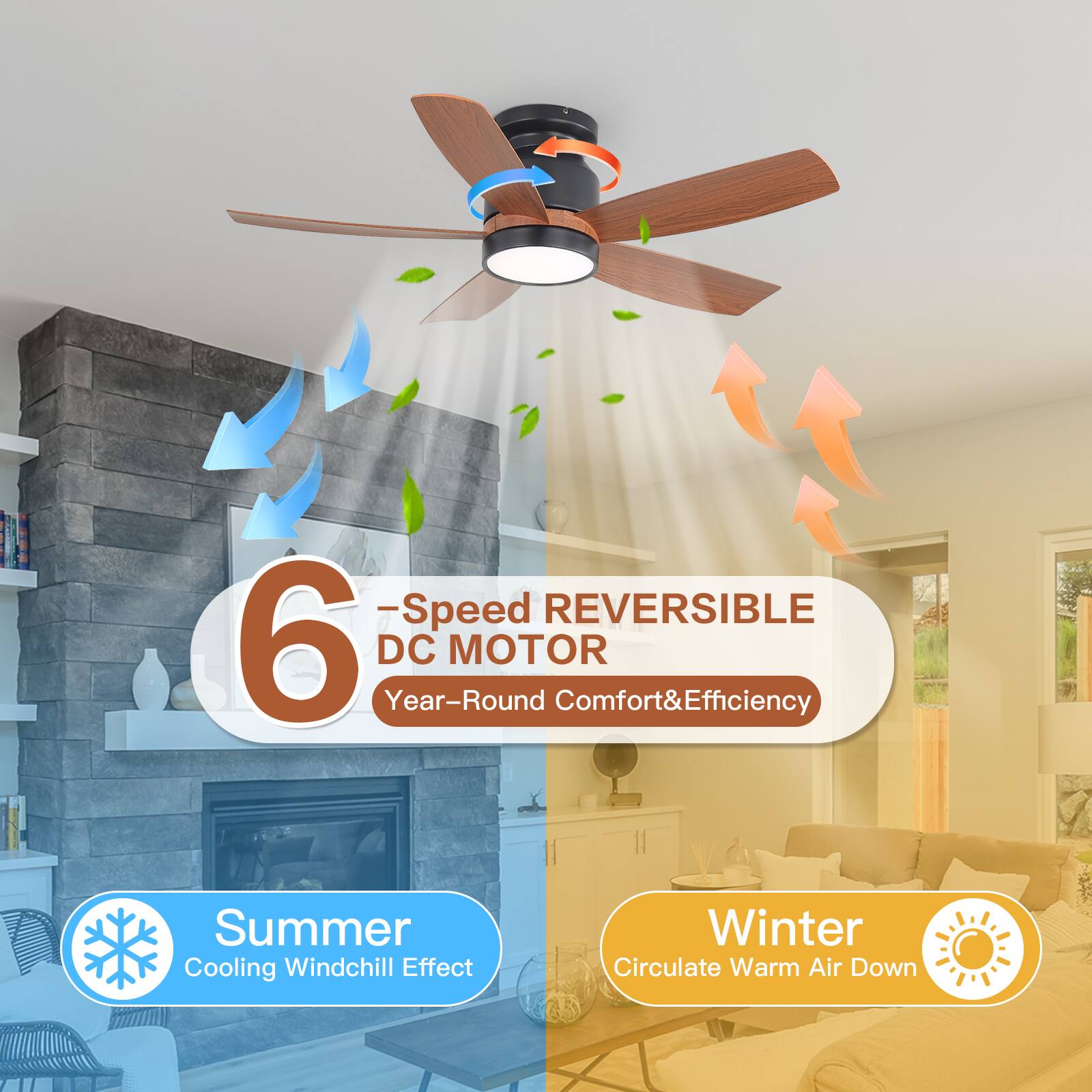 - Speed REVERSIBLE 6 DC MOTOR Year-Round Comfort & Efficiency  
- Summer: Cooling Windchill Effect  
- Winter: Circulate Warm Air Down