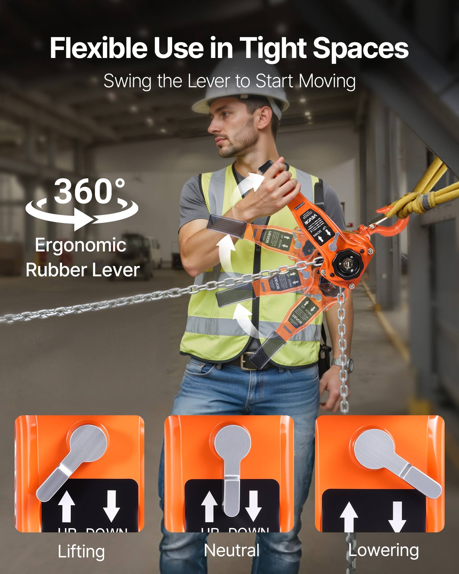 Flexible Use in Tight Spaces  
Swing the Lever to Start Moving  

360° Ergonomic Rubber Lever  

Lifting  
Neutral  
Lowering
