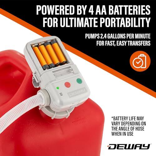 POWERED BY 4 AA BATTERIES FOR ULTIMATE PORTABILITY
PUMPS 2.4 GALLONS PER MINUTE FOR FAST, EASY TRANSFERS
*BATTERY LIFE MAY VARY DEPENDING ON THE ANGLE OF HOSE WHEN IN USE
DEWAY