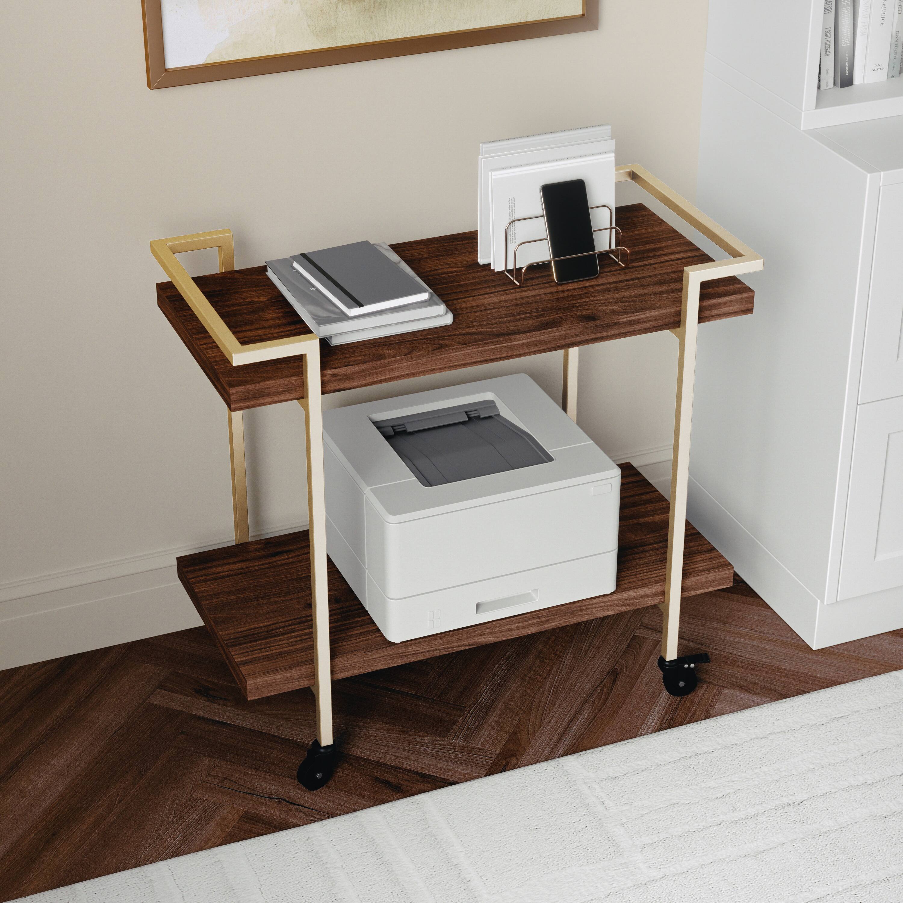 Alt View 14. Martha Stewart - Liam Mobile 2 Tier Printer Cart with Side Storage - Walnut/Polished Brass Frame.