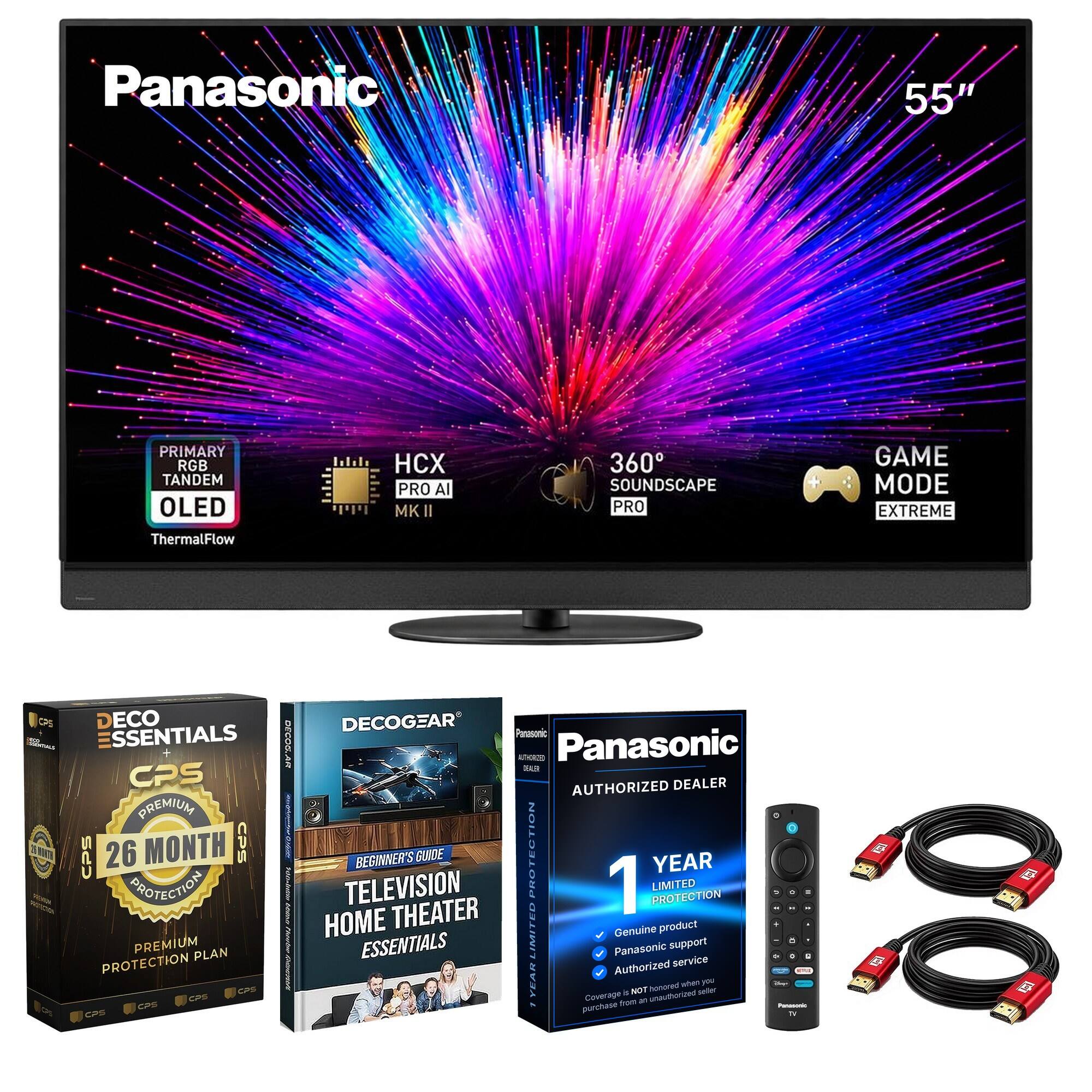 Panasonic  
55"  
PRIMARY RGB TANDEM OLED  
HCX PRO AI MKII  
360 SOUNDSCAPE PRO  
GAME MODE EXTREME  
ThermalFlow  

DECO ESSENTIALS  
CPS PREMIUM  
26 MONTH CPS PROTECTION  
PREMIUM PLAN  

DECOGEAR  
Panasonic  
TEALTH AUTHORIZED DEALER  
HOME TELEVISION  
BEGINNER'S THEATER  

GUNDE PROTECTION  
LIMITED  
1 YEAR  
Genuine product  
Panasonic support  
Authorized service  
Coverage is NOT honored when purchased from an unauthorized seller  

Panasonic  
AUTHORIZED DEALER  
1 YEAR LIMITED PROTECTION