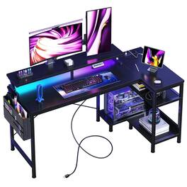 Anysun - 48"Game Desk with USB Charging, Power Socket, Type-C & LED Lights - Computer Table with Storage Rack & Monitor Stand - Black