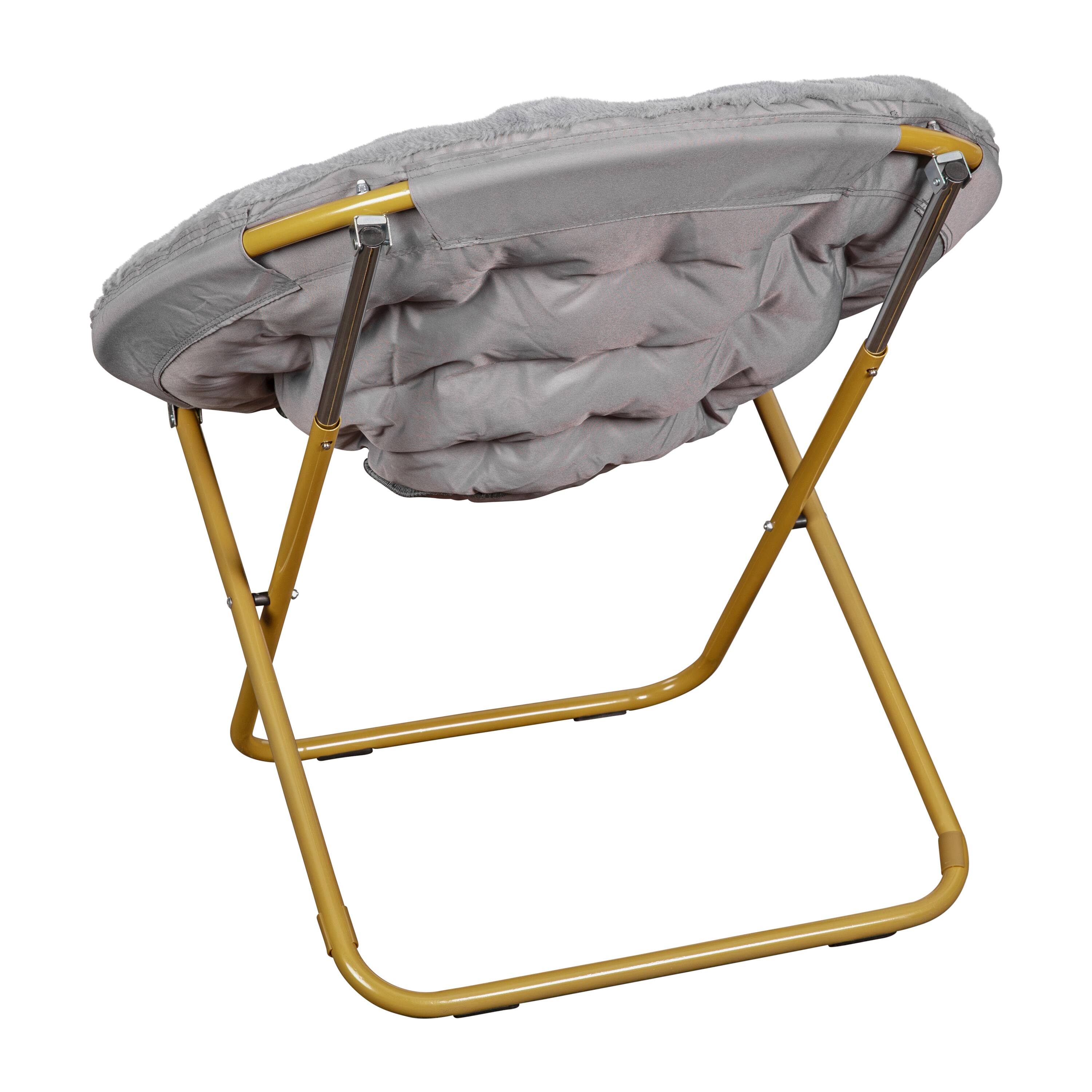 Alt View 7. Emma + Oliver - Ersa Oversize Folding Saucer Chair with Cozy Faux Fur Cushion and Metal Frame for Dorms, Bedrooms, Apartments and More - Gray Faux Fur/Soft Gold Frame.