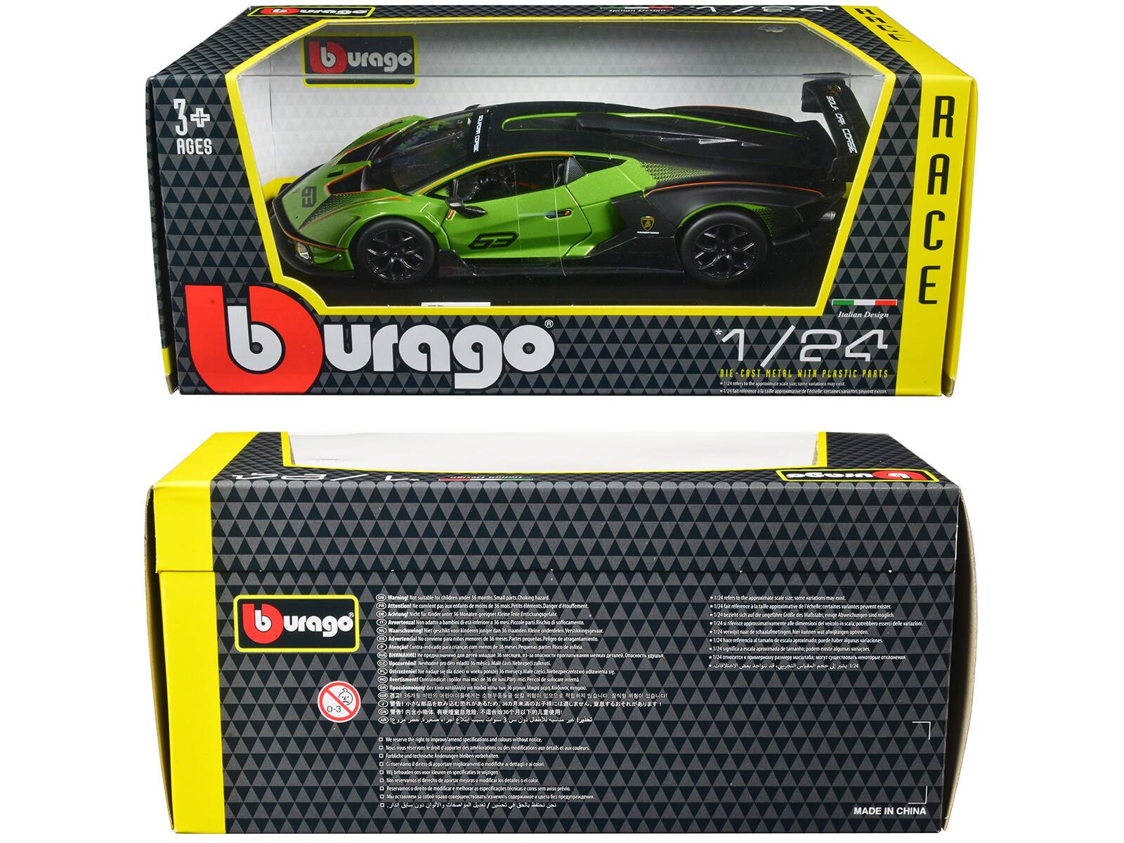 - b urago 3+ AGES G5 b urago ! SLA D RACE Italian Design 1/24 DIE CAST METAL WITH PLASTIC PARTS
- T Adhlond
- L urago
- ca & hues Serge
- ki ..-a
- sar
- AN
- Seetemaed
- PSAT 03 Nman 35S
- MADE IN CHINA