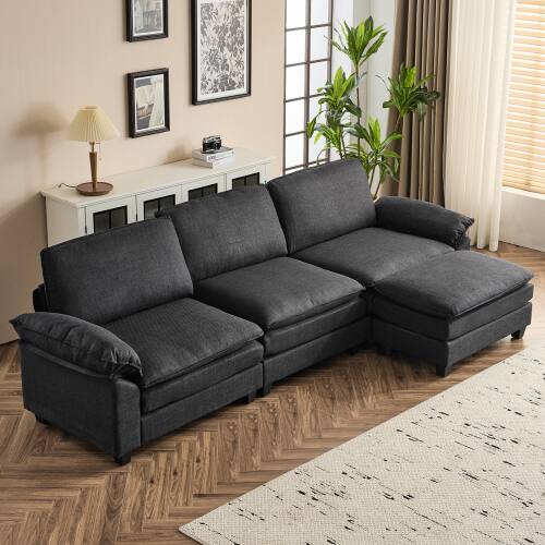 Alt View 4. Winado - Coarse Cotton L-Shaped Sectional Modular Deep Seat Sofa Couch with Footstool for Living Room Apartment, Studio, Office - Black.