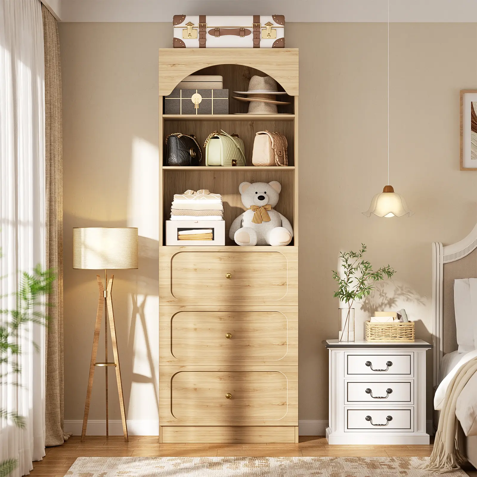 Alt View 1. Aheaplus - 80"Tall Arched Bookcase with 3 Drawers & 3-Tier Open Shelves – Wooden Storage Cabinet for Living Room, Kitchen - Brown.