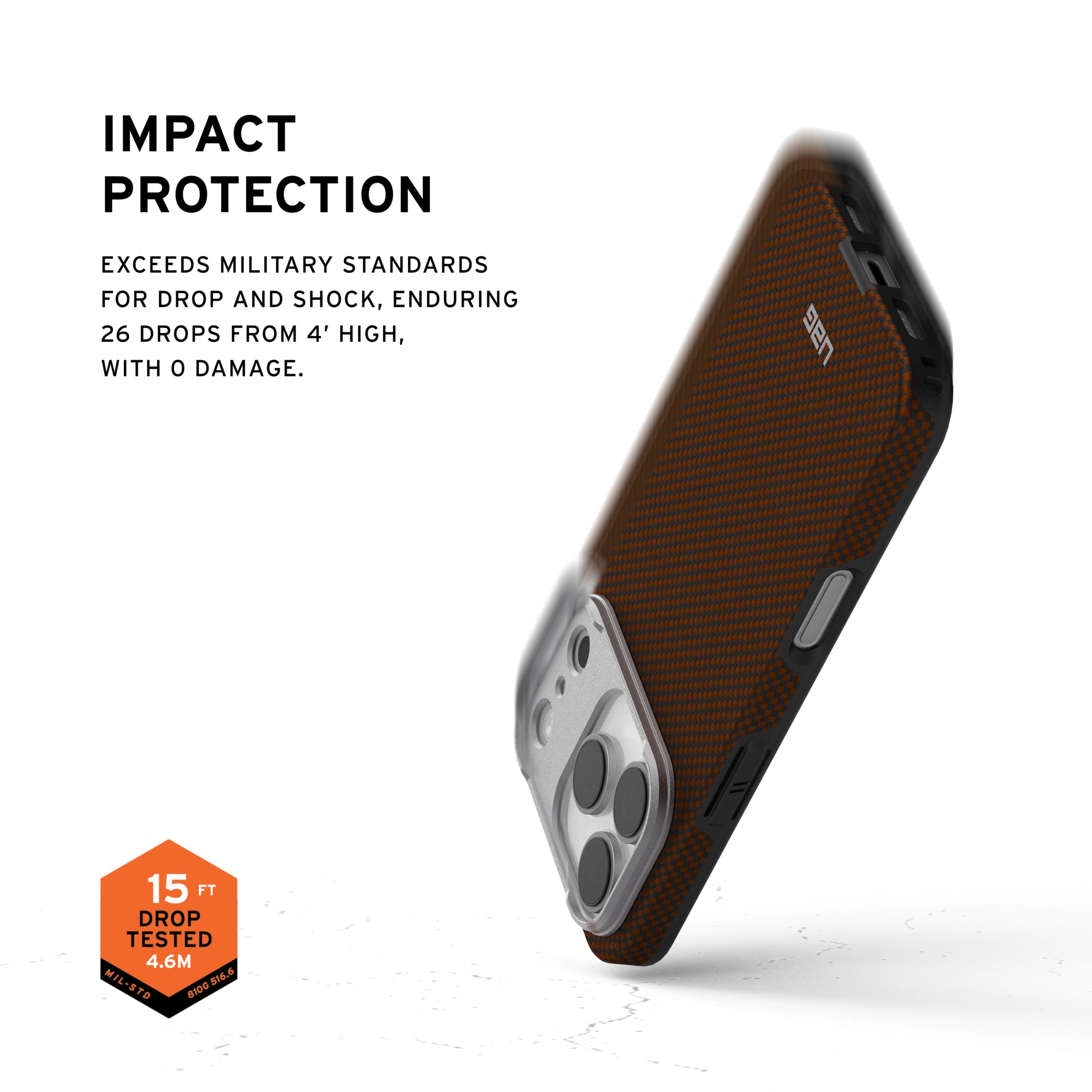IMPACT PROTECTION

EXCEEDS MILITARY STANDARDS FOR DROP AND SHOCK, ENDURING 26 DROPS FROM 4' HIGH, WITH 0 DAMAGE.

15 FT DROP TESTED 4.6M MIL-STD 810G