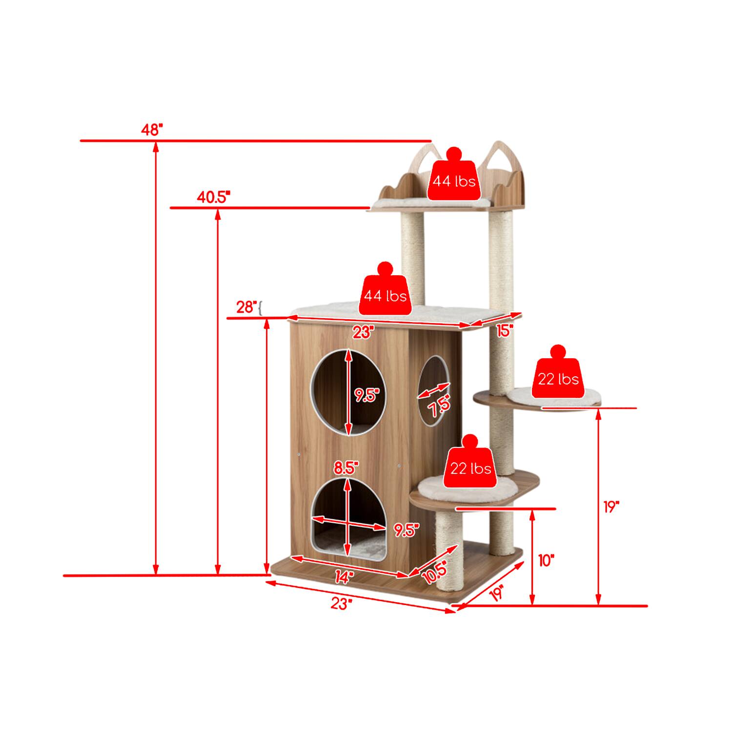 48"  
40.5"  
44 lbs  
28"  
44 lbs  
23"  
15"  
9.5"  
7.5"  
22 lbs  
8.5"  
22 lbs  
14"  
23"  
9.5"  
10.5"  
19"  
10"  
19"