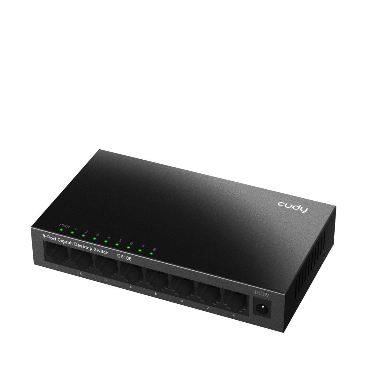 The image shows a black Cudy 8-Port Gigabit Ethernet Desktop Switch. The switch has a row of green lights, indicating that it is powered and functioning properly. The switch is designed for desktop use and can handle up to 8 devices at once.