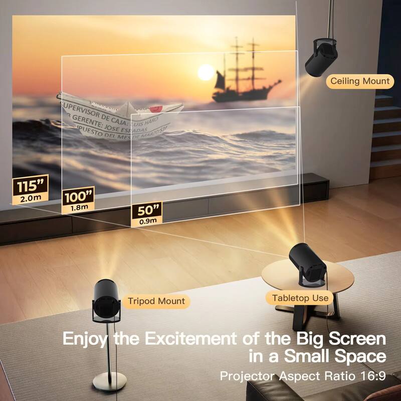 Ceiling Mount  
SUPERVISOR DE CAJA:  
GERENTE:  
Luis Hard  
JIPUESTO: JOSE ESPADAS  
MARIOST  
DEL MES  

115" 2.0m  
100" 1.8m  
50" 0.9m  

Tripod Mount  
Tabletop Use  

Enjoy the Excitement of the Big Screen in a Small Space  
Projector Aspect Ratio 16:9