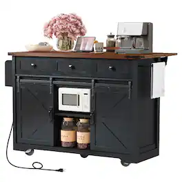 Ecooso - Rolling Kitchen Island with Drop Leaf, Power Outlets, Storage Drawers & Shelves - Black