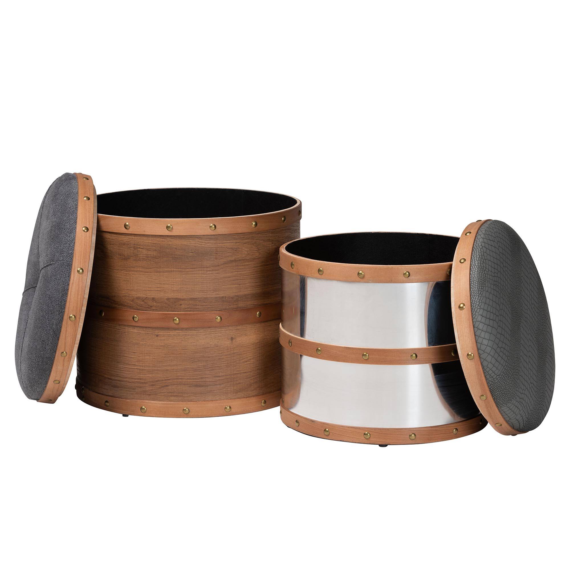 Angle. Baxton Studio - Caleb Modern Fabric and Alligator Faux Leather 2-Piece Storage Ottoman Set - Brown/Mirrored.