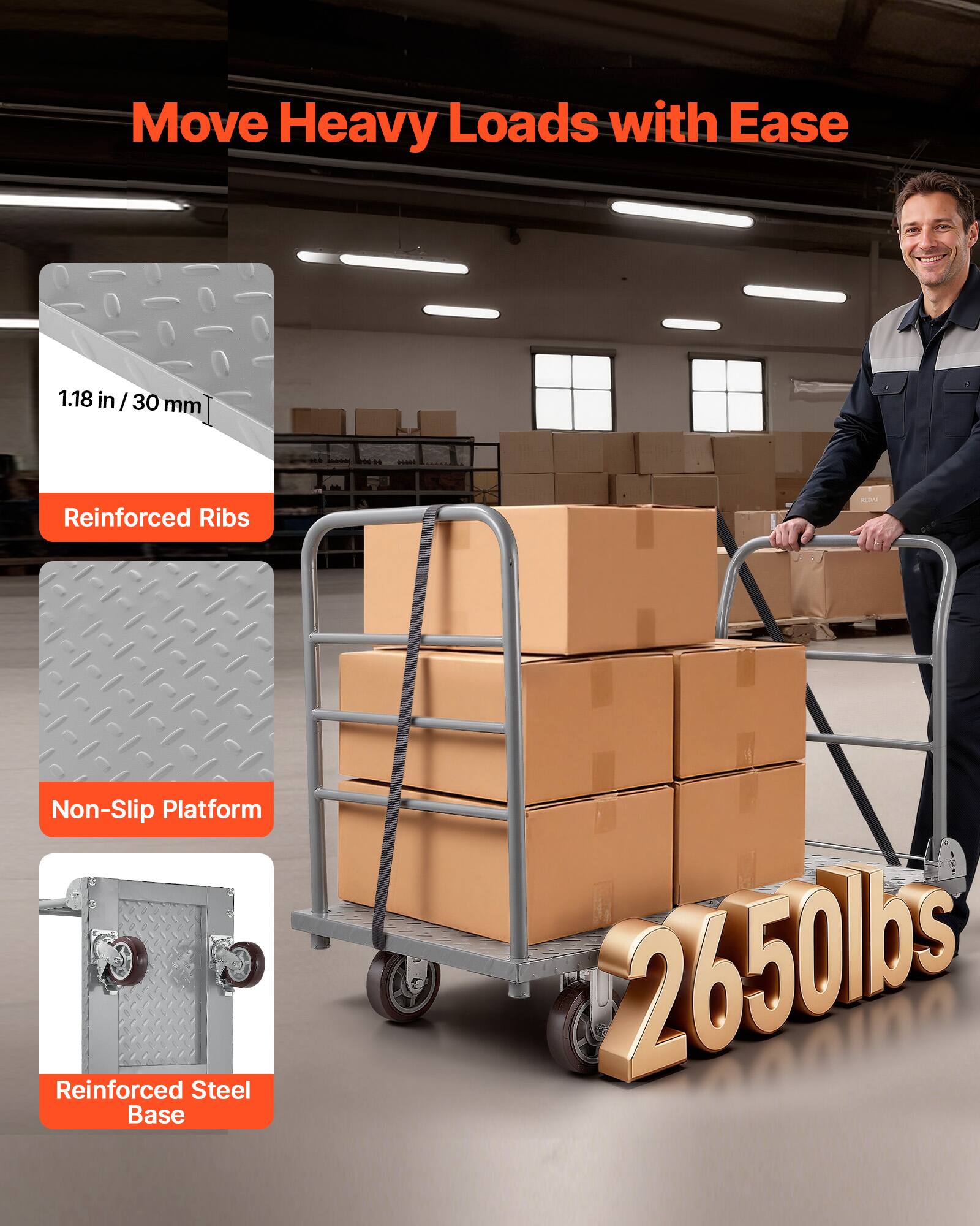 Move Heavy Loads with Ease

1.18 in / 30 mm

- Reinforced Ribs
- Non-Slip Platform
- Reinforced Steel Base

2650 lbs