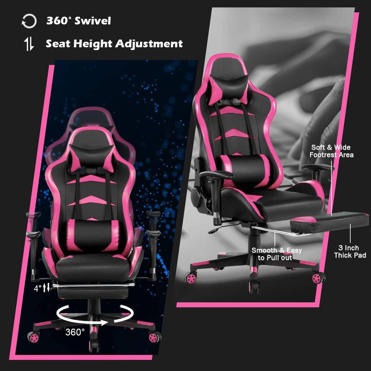 The text on the image reads: "360 Swivel Seat Height Adjustment Soft & Wide Footrest Area Smooth & Easy to Pull out 3 Inch Thick Pad 4"th 4" 360".