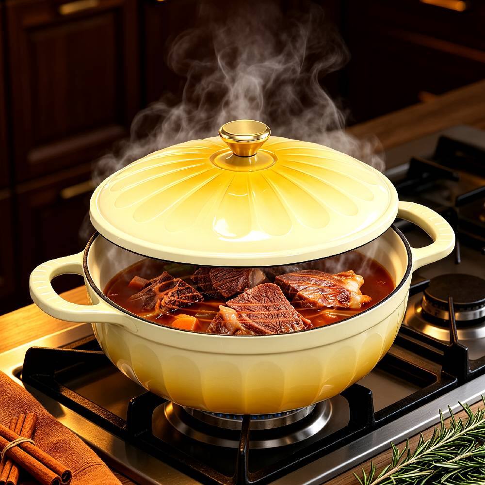 Alt View 9. Winado - 5 QT Enameled Cast Iron Dutch Oven with Gradient Petal Texture,Heat-Resistant Gloves, Pot Mat for Bread Baking, Roasting - Yellow.