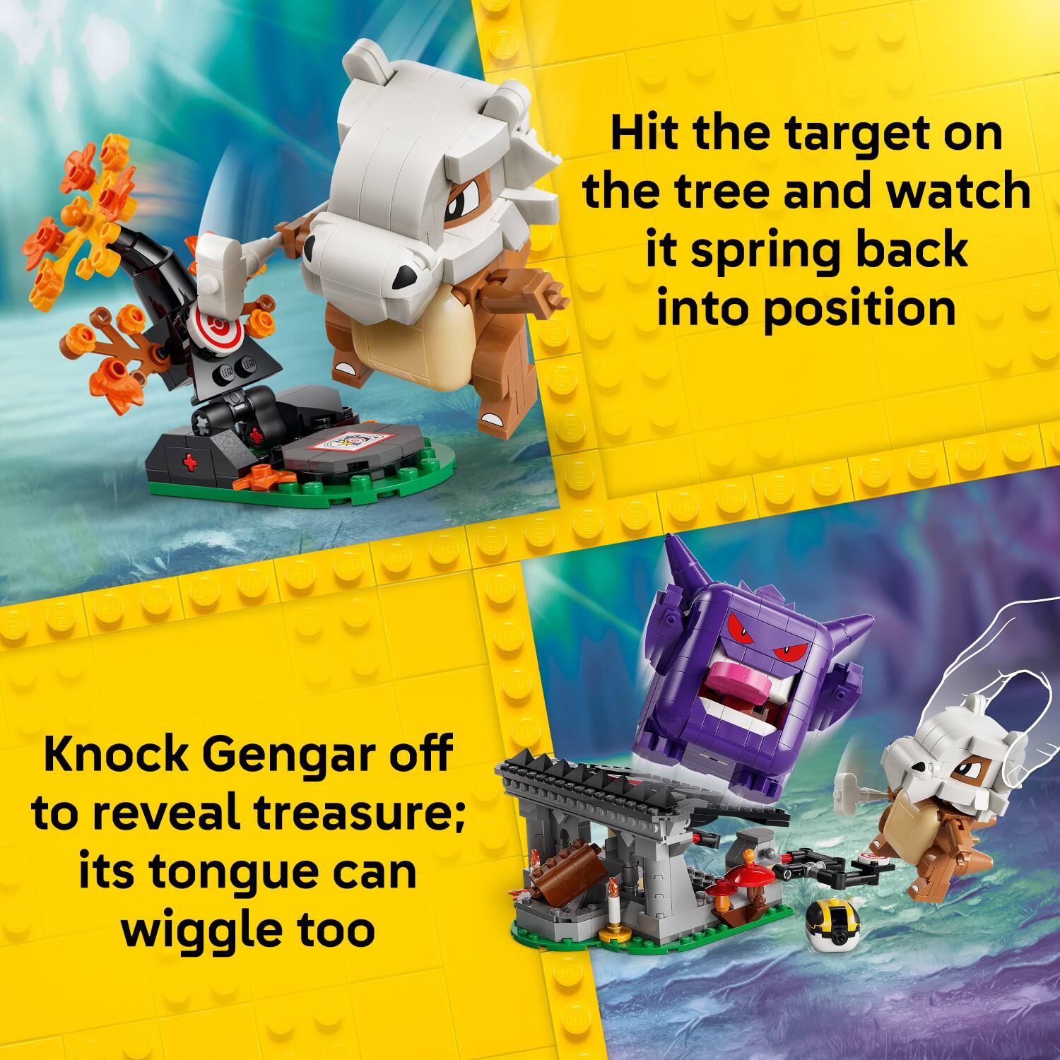 Hit the target on the tree and watch it spring back into position.  
Knock Gengar off to reveal treasure; its tongue can wiggle too