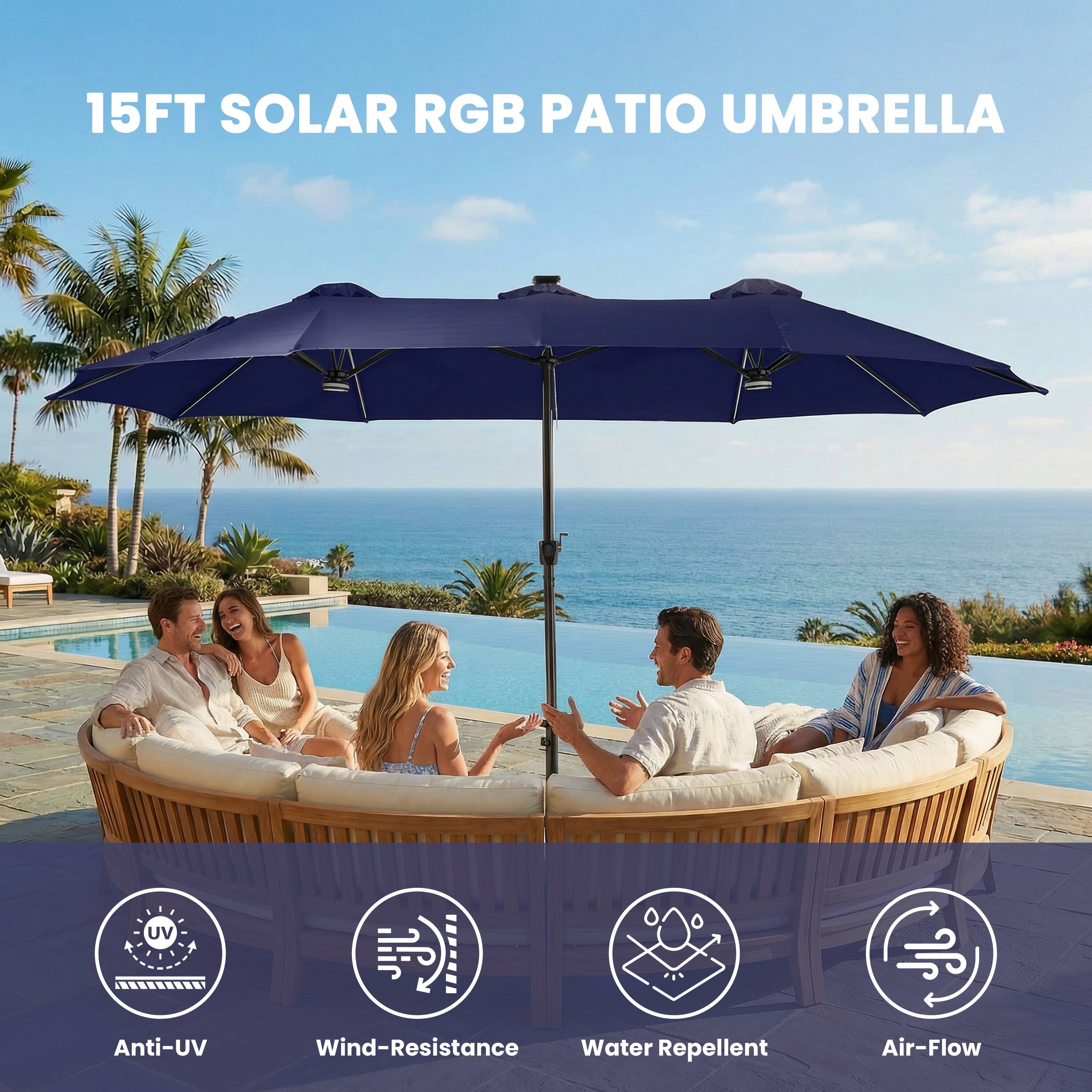 15FT SOLAR RGB PATIO UMBRELLA

- Anti-UV
- Wind-Resistance
- Water Repellent
- Air-Flow